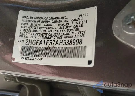 2010 Honda Civic Lx из США, поврежденный, VIN 2HGFA1F57AH538998